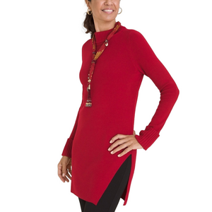 Chicos New Size LP Holly Red Mock Neck Side Slit Tunic Sweater Soft Long Sleeves